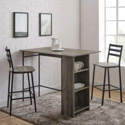 3 Piece Drop Leaf Counter Table Dining Set with Storage, 48", Grey Wash(New  In A Box)