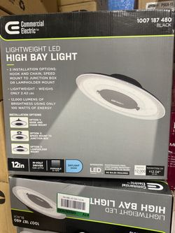 Commercial Electric 1-Pack 12 in. 12000 Lumens 100W Thin Profile LED High Bay Light 120-277V Suspension E26 Adaptor Lamp Holder Mount Option
