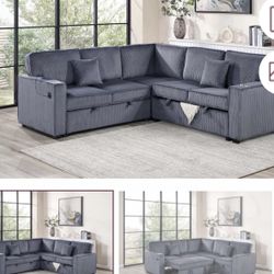 $528 Sectional Pull Out Bed With Storage USB Cup Holder Available,I Ivory,Dark Gray,Corduroy