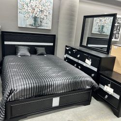 Miranda Black 4 Piece Queen Panel Bedroom Set // Queen Bed/ Dresser / Mirror/ Nightstand💐 New