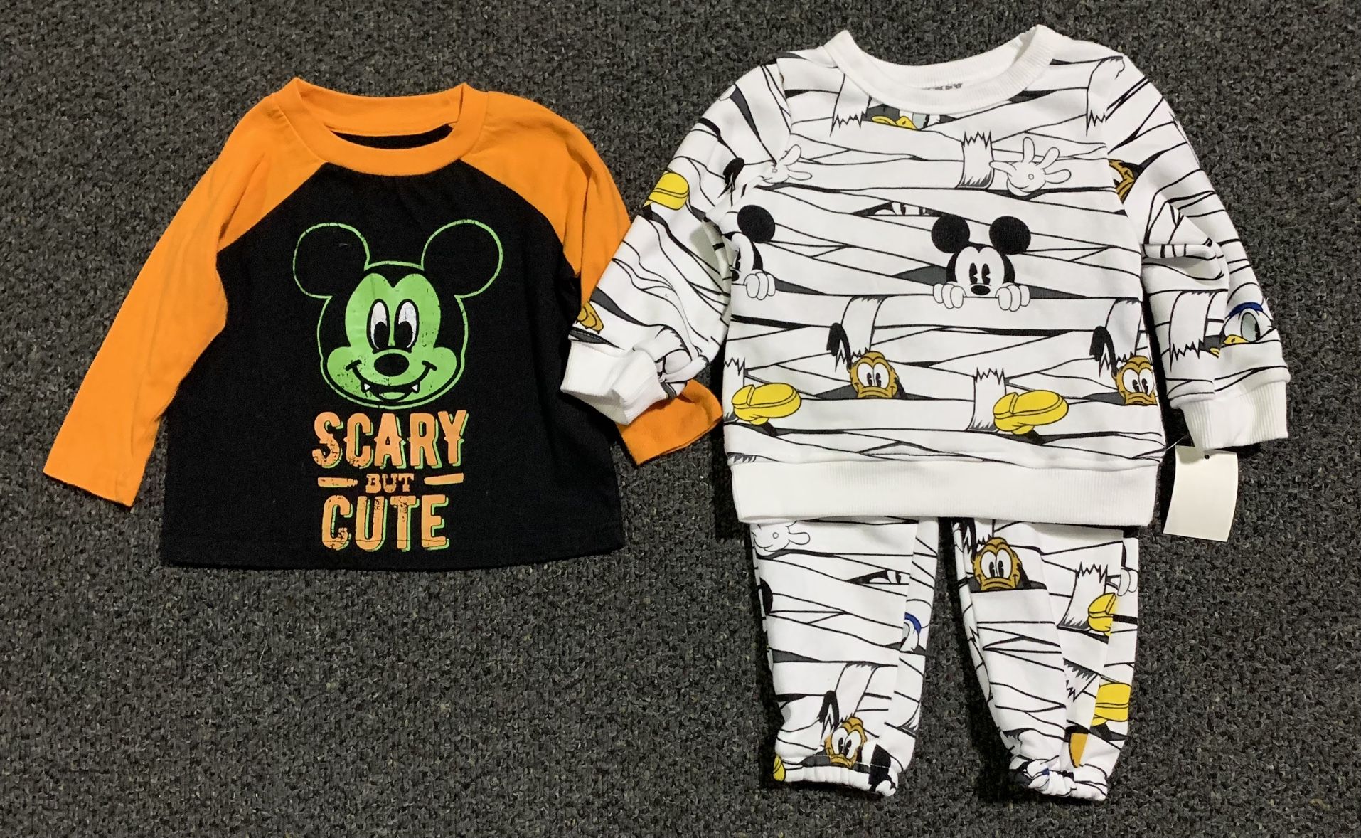 New Disney Mickey Mouse boys 12 month Halloween sweat shirt and pants outfit and gently used vampire shirt