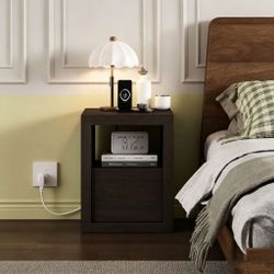 16" Nightstands with Charging Station, Narrow Bedside Tables,Black Solid Wood, Waterproof, Drawer and Open Shelf, 2 AC Outlets, USB & Type-C Ports, Mo