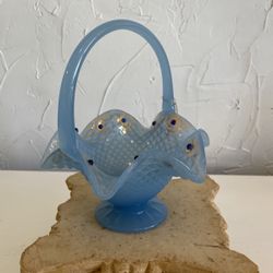 Blue Vintage Glass Basket With Scalloped Edge