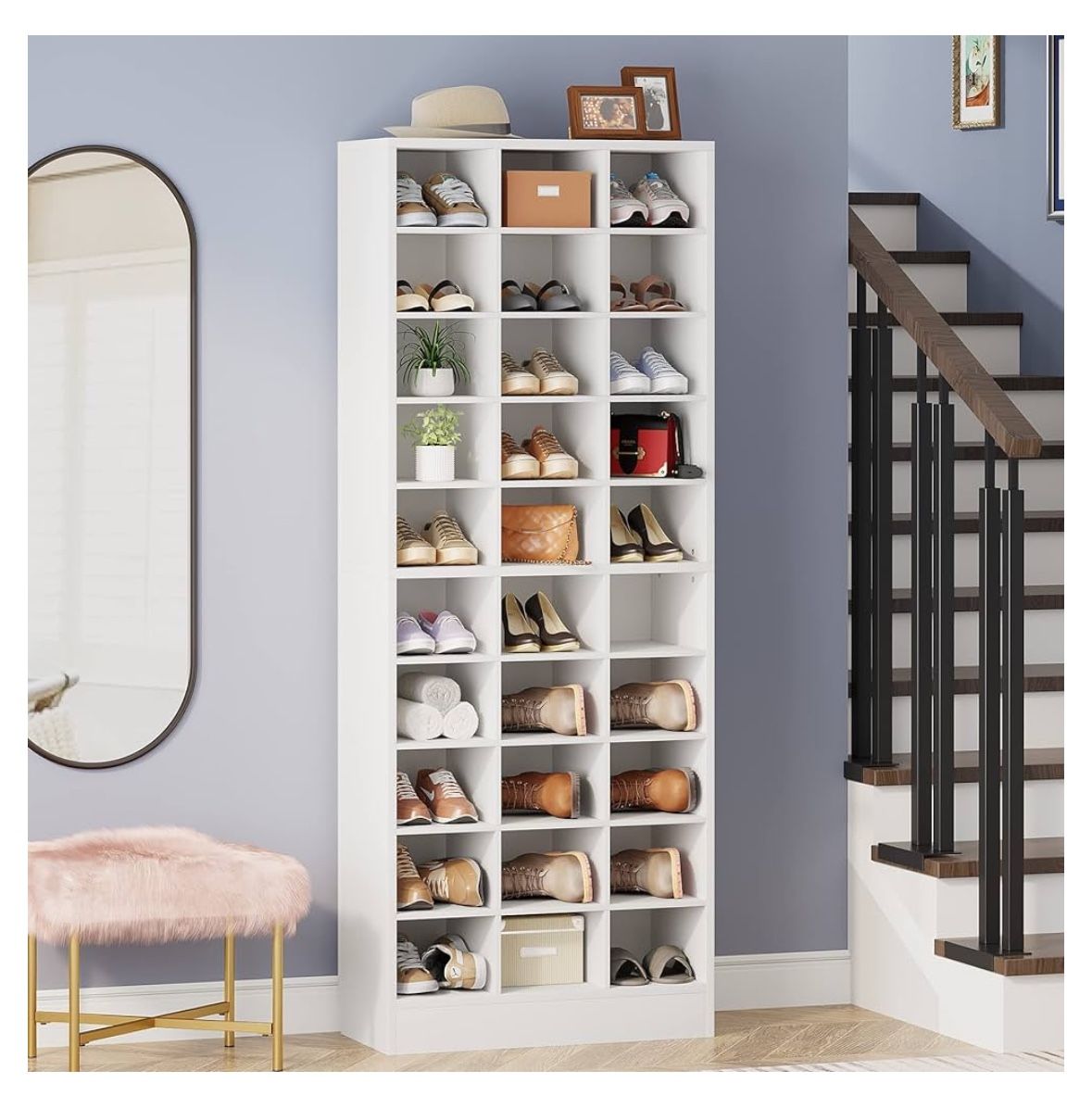 RoomTribesigns 10-Tier Shoe Storage Cabinet, White Wooden Shoe Rack with 30 Cubbies, Freestanding Tall Entryway Shoe Organizer for Closet, Entryway,…