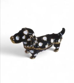 Polka Dot Dachshund Dog- Metal Hinged Trinket Box - Enameled Jeweled - Rhinestone Collar