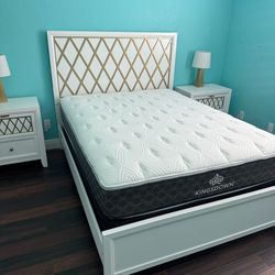 Gorgeous contemporary white queen bed frame with a gold-accented headboard & mattress w/ 2 Night Stands
