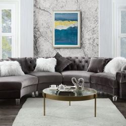 Grey Velvet Sectional w 7 Pillows
