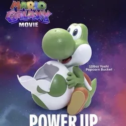 Yoshi popcorn bucket and Super Mario Galaxy popcorn bucket tin with poster