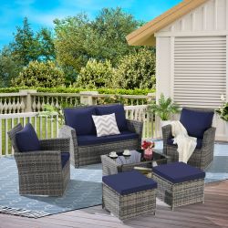6 Piece Wicker Patio Furniture Sets with Ottoman & Tempered Glass Coffee Table