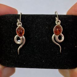 Sterling Silver 925 Snake Drop Dangle Earrings With Amber Stone
