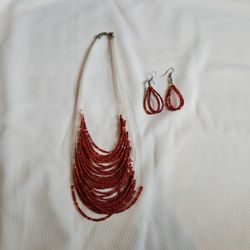Red seed beads multi-strand necklace and drop earrings