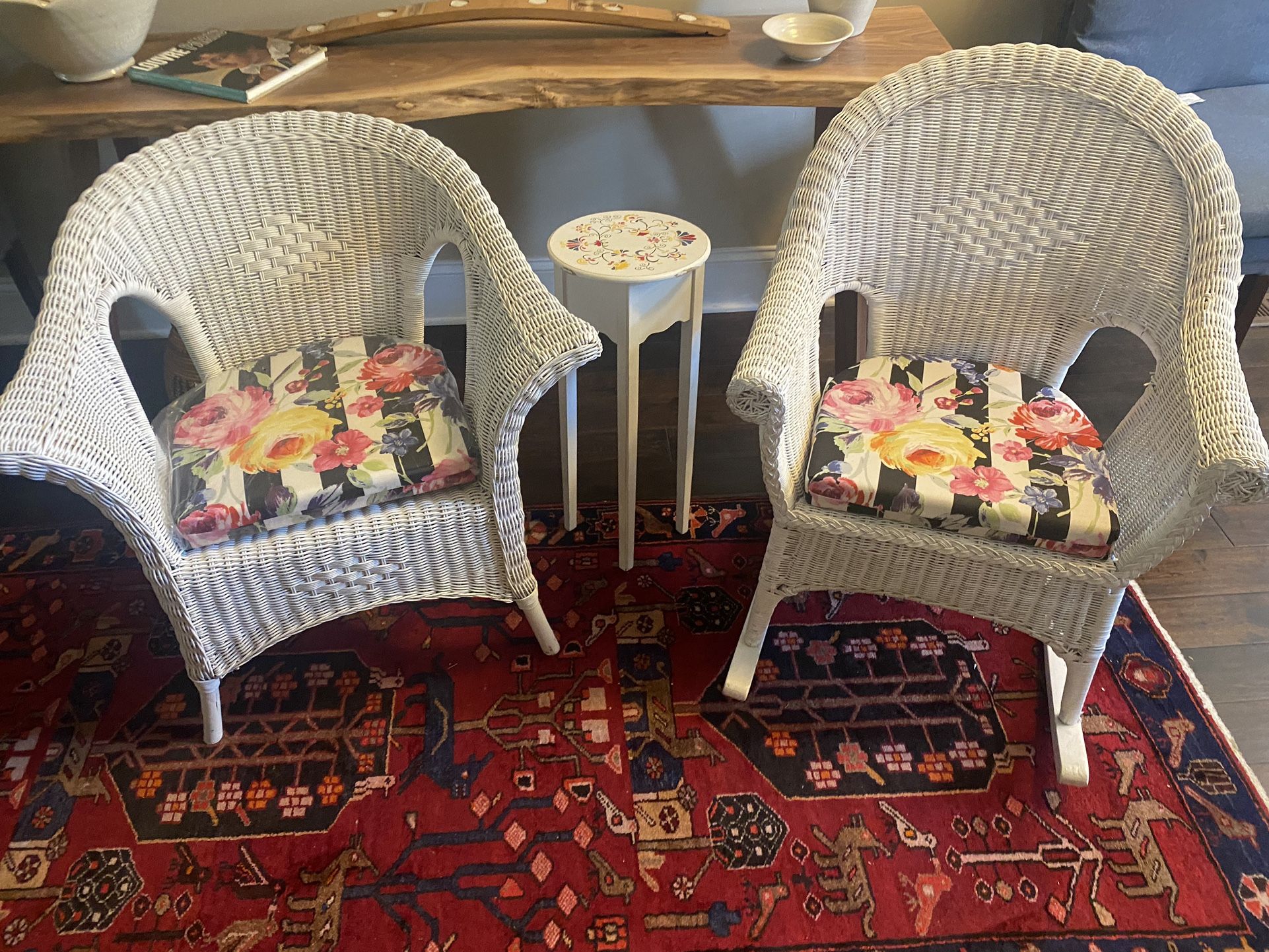 Two Wicker Chairs. One Rocker One Chair & Table95 Includes Cushions