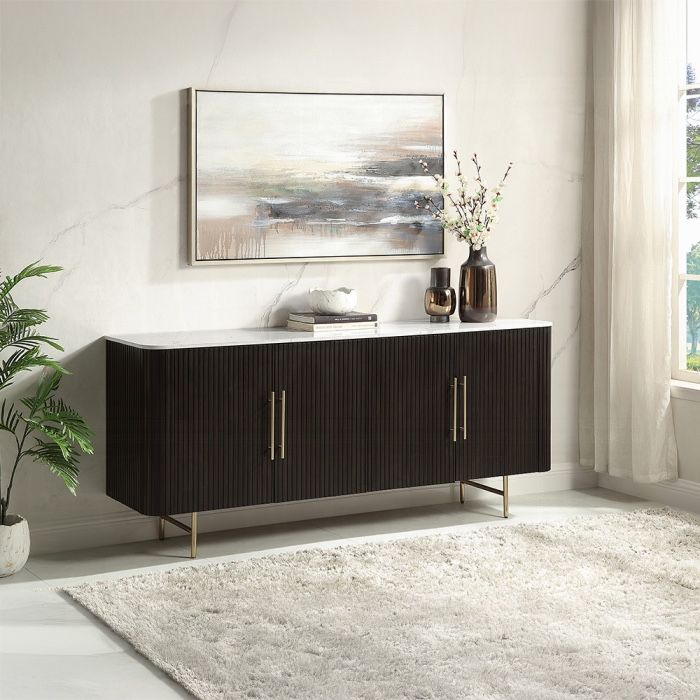Arhaus DUPE Server With White Marble Top - Fluted Server Espresso Finish - Free Delivery - Arhaus Finnley Server DUPE