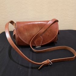 Please Read Description - Vintage Handmade Genuine Hazelnut Brown Leather Barrel Purse Crossbody Bag