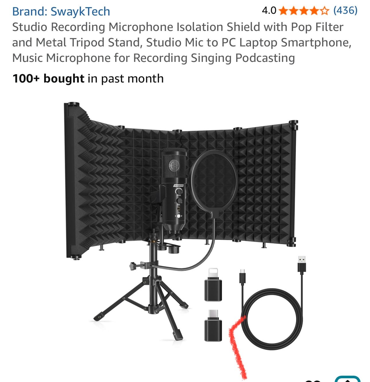 Studio Recording Microphone Isolation Shield with Pop Filter and Metal Tripod Stand, Studio Mic to PC Laptop Smartphone, Music Microphone for Recordin