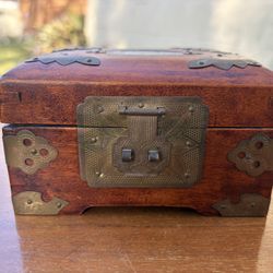vintage Chinese rosewood or ironwood jewelry box with jade inlay