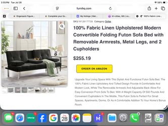 Grey Fabric Linen Upholstered Modern Convertible Folding Futon Sofa Bed with Removable Armrests, Metal Legs, and 2 Cupholders