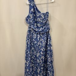 Blue floral one-shoulder dress. 