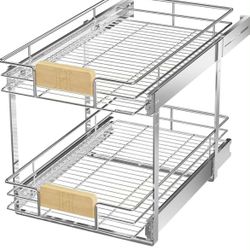 NEW - 2 Tier Pull Out Cabinet Organizer with Wooden Handle, 13½" W x 21½"Heavy Duty Cabinet Drawers