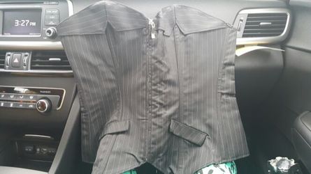 Pin stripe corset, skirt and thong