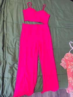 Hot Pink Two-Piece Crop Top and Wide-Leg Pants Set