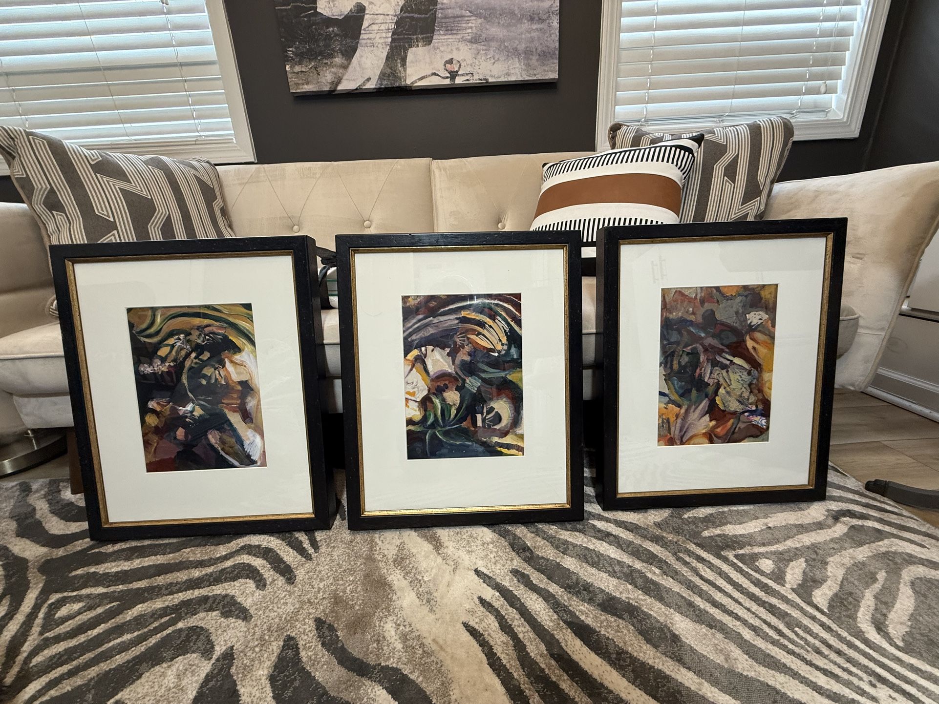 3 Beautifully Matted And Framed Abstract Prints