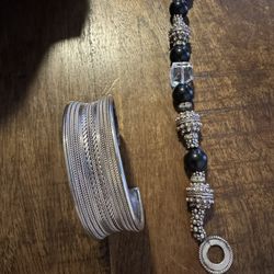 Sterling Silver 925 Braided wide cuff Bracelet and Onyx Bread Bracelet 