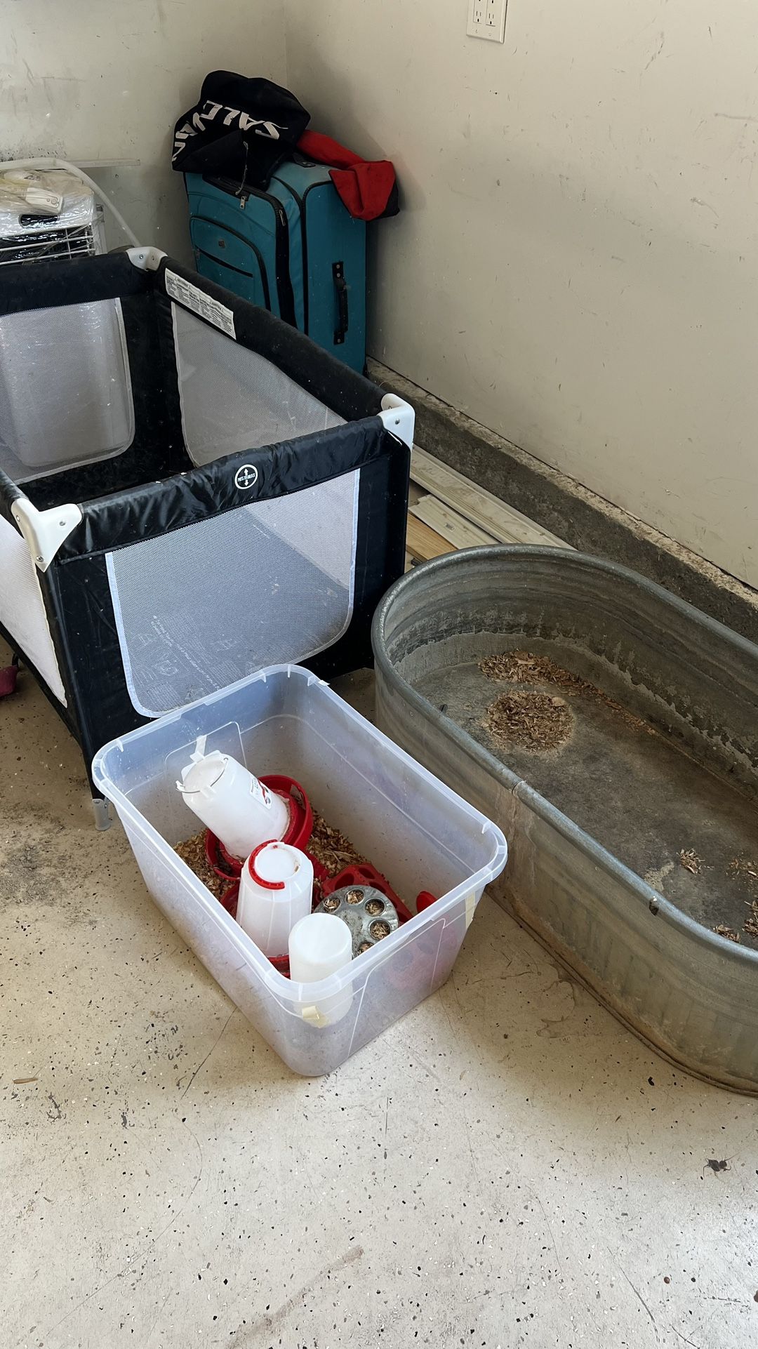 Chicken Pen, Chicken Feeders, Lights, And Hay. Full Starter Set