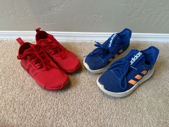 2 pairs of Adidas kids sneakers in red and blue, size US 2, in Execellent condition