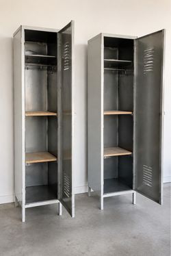 Pair of 2 Vintage Industrial STORAGE Cabinets Metal Lockers with Shelves & Hooks