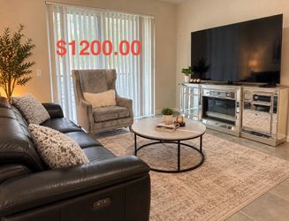 $1200 leather recliner sofa, tv stand, cocktail table, accent chair