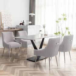 Velvet Dining Chairs with Pleated Tufted Upholstery, Silver Metal Legs,Grey