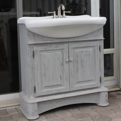 Vintage Solid Wood Bathroom Vanity w/ Porcelain Sink 
