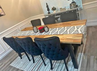 Beautiful Wooden Dining Table Set with 6 Black Upholstered Chairs