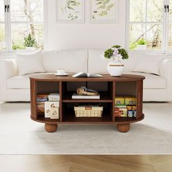 Rectangle Coffee Table, Fluted Coffee Tables for Living Room, Mid-Century Coffee Table Center Table with Storage & Sliding Doors for Apartment, Home O