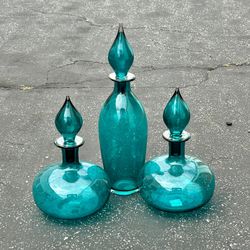 Decanter Set of 3 Sultan Art Glass Z Gallerie Turquoise Blue Genie Bottle