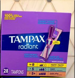 Unscented Tampax tampons: 28 Radiant tampons with a mix of regular, super, and super plus absorbencies. New unopened box.