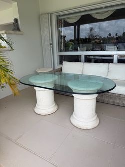 Travertine Pedestal Dining Table w/ 1” Thick Glass Top – 68”
