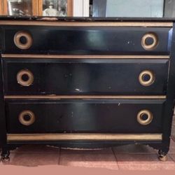 Cutest little Wood, Vintage, black and gold chest of drawer dresser