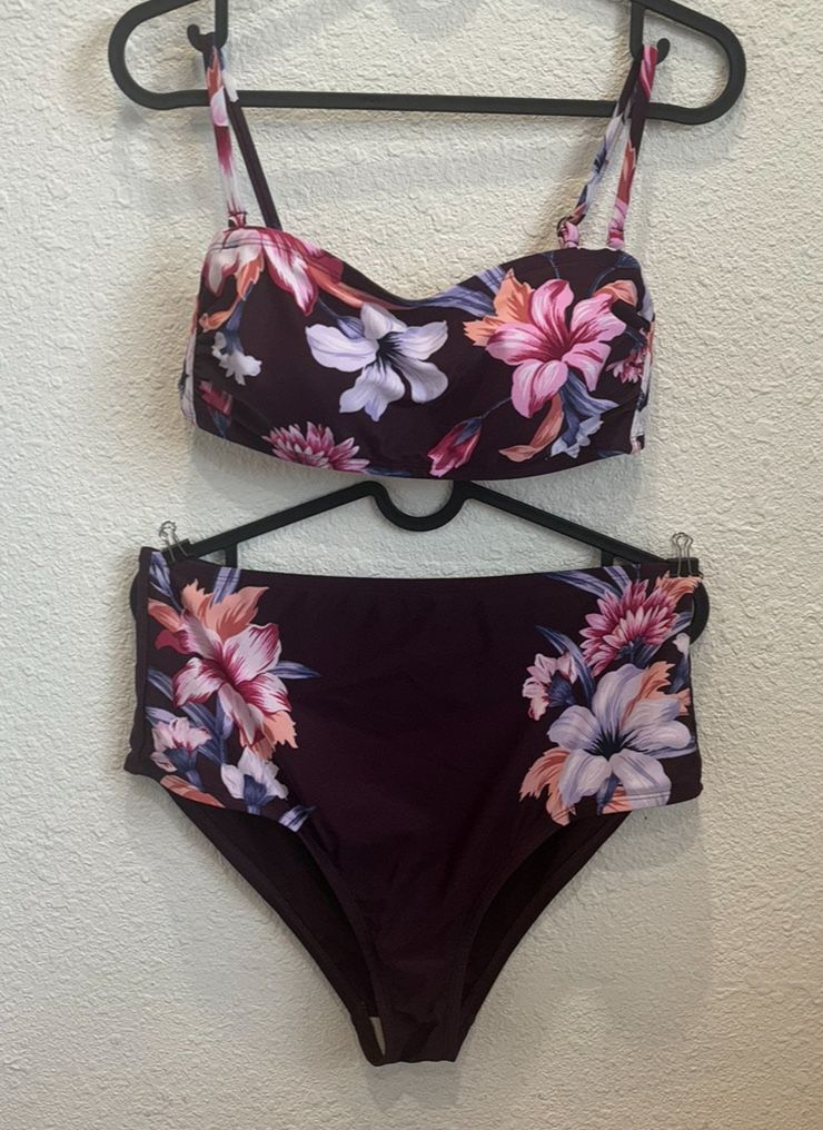 Kona Sol Large Medium Bra Top Two Piece Maroon Swimsuit Brief Bottoms Strapless