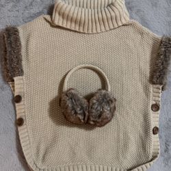 Size 10-12 Girls-Turtleneck Poncho Sweater & Earmuffs by Aspen Kids