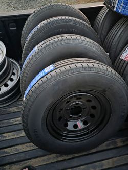 4 New ST 215-75-14 Fortune Trailer Tires Black 5 Lug 5x4.5 Steel Wheels-Rims ST215 R14 inch Tire Load D 8ply 65psi FREE Delivery Inland Empire