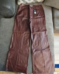 Brown Faux Leather Wide-Leg Pants