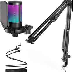 USB Gaming Microphone with Boom Arm RGB Mute Button for PC PS5 Streaming