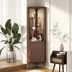 Brand New 70" Tall Corner Cabinet, Fluted Corner Bar Cabinet with Glass, Walnut Wood