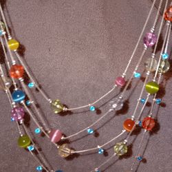 Five String Multicolored Stone And Rhinestone Necklace 