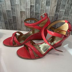 Coach Coretta Patent Hibiscus Peach Wedge Ankle Strap Sandal size 9