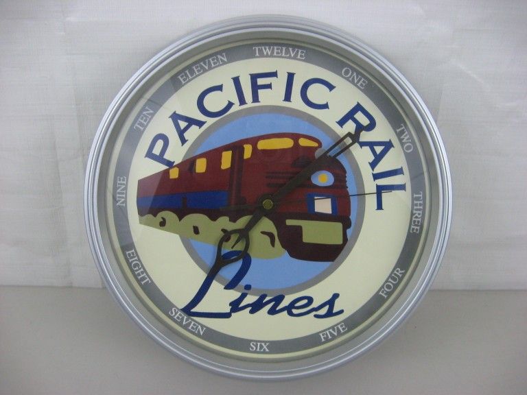 Pacific Rail Lines Railroad Train Collectible Wall Clock Glass Lens Works!
