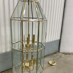 Vintage large brass w/ beveled glass 12-light hanging chandelier 