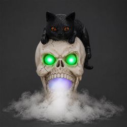 Halloween Black Cat Skull Statue with LED Light, Fog Smoke Effect Resin Decor